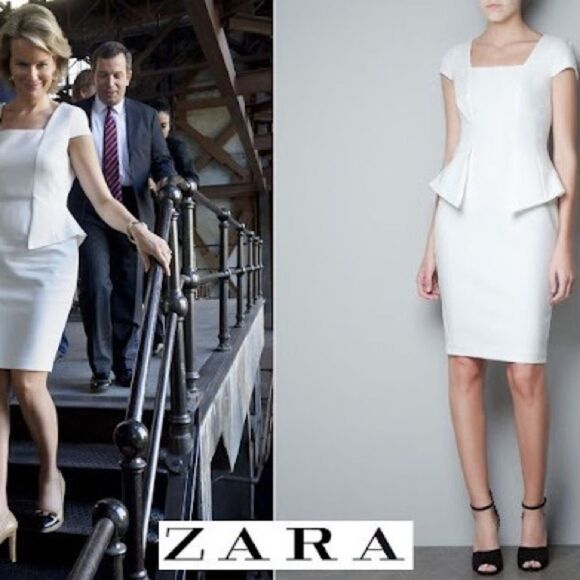 Zara White peplum short puff sleeve midi dress Sz S - Picture 1 of 12